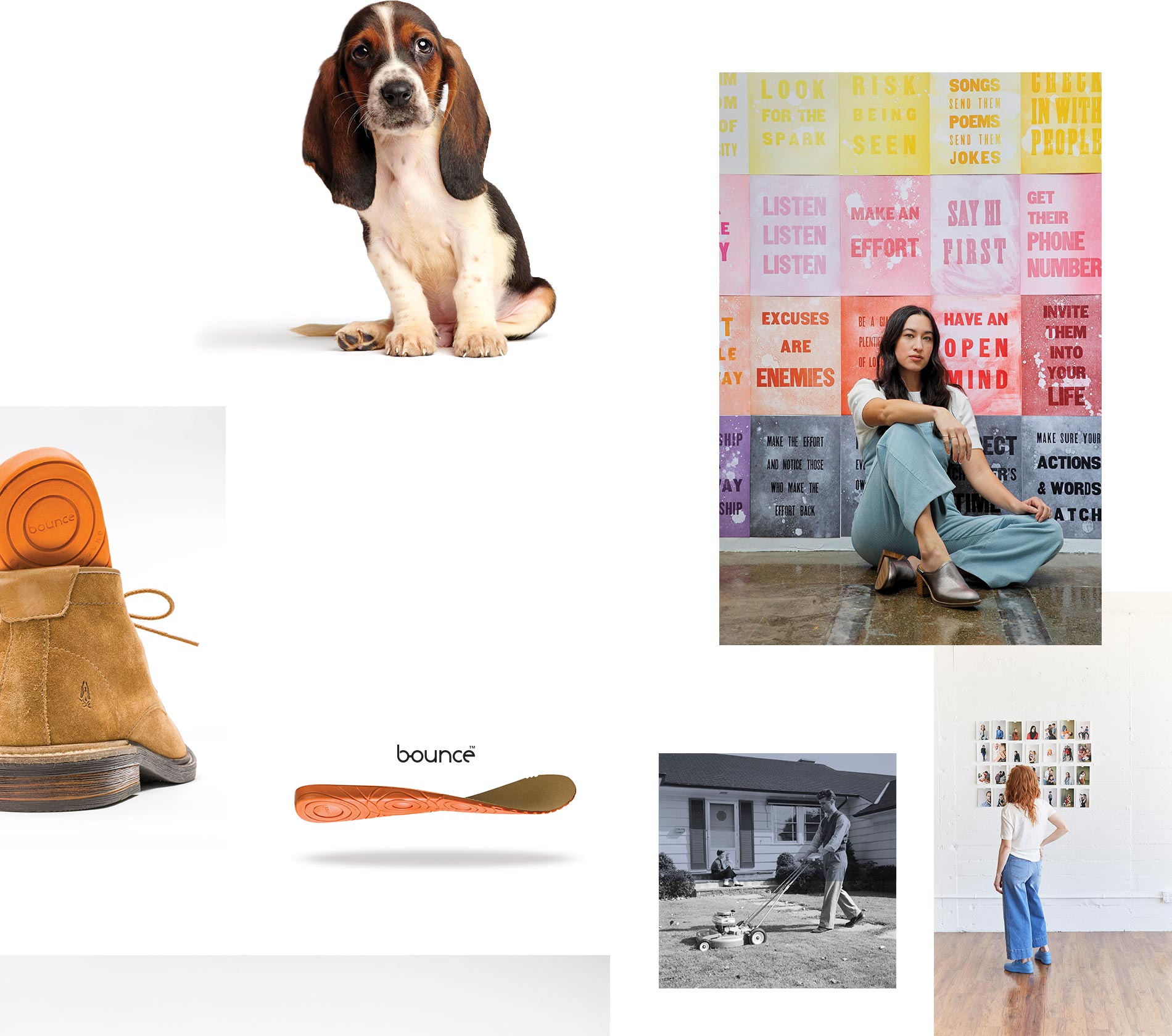 A Basset Hound puppy  adorably looking back at you. Female sitting in front of an inspirational wall of signs. Bounce technology shown through shoe insert. 
